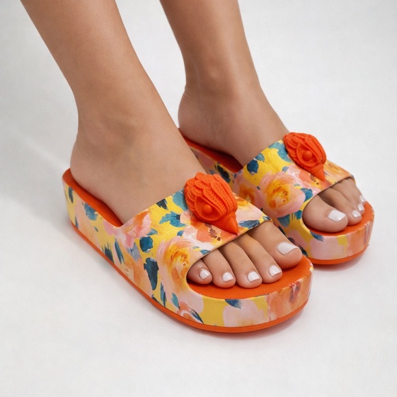 Kurt Geiger Shoes - Kurt Geiger London Eagle Chunky Floral Platform Slide Orange Summer Sandals